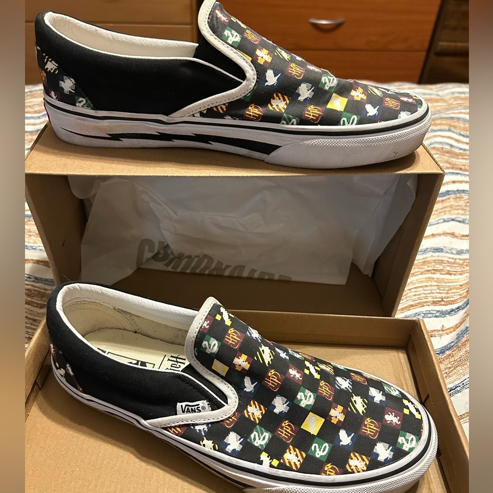 Harry Potter Vans Slip-On Shoes with House checkerboard style.